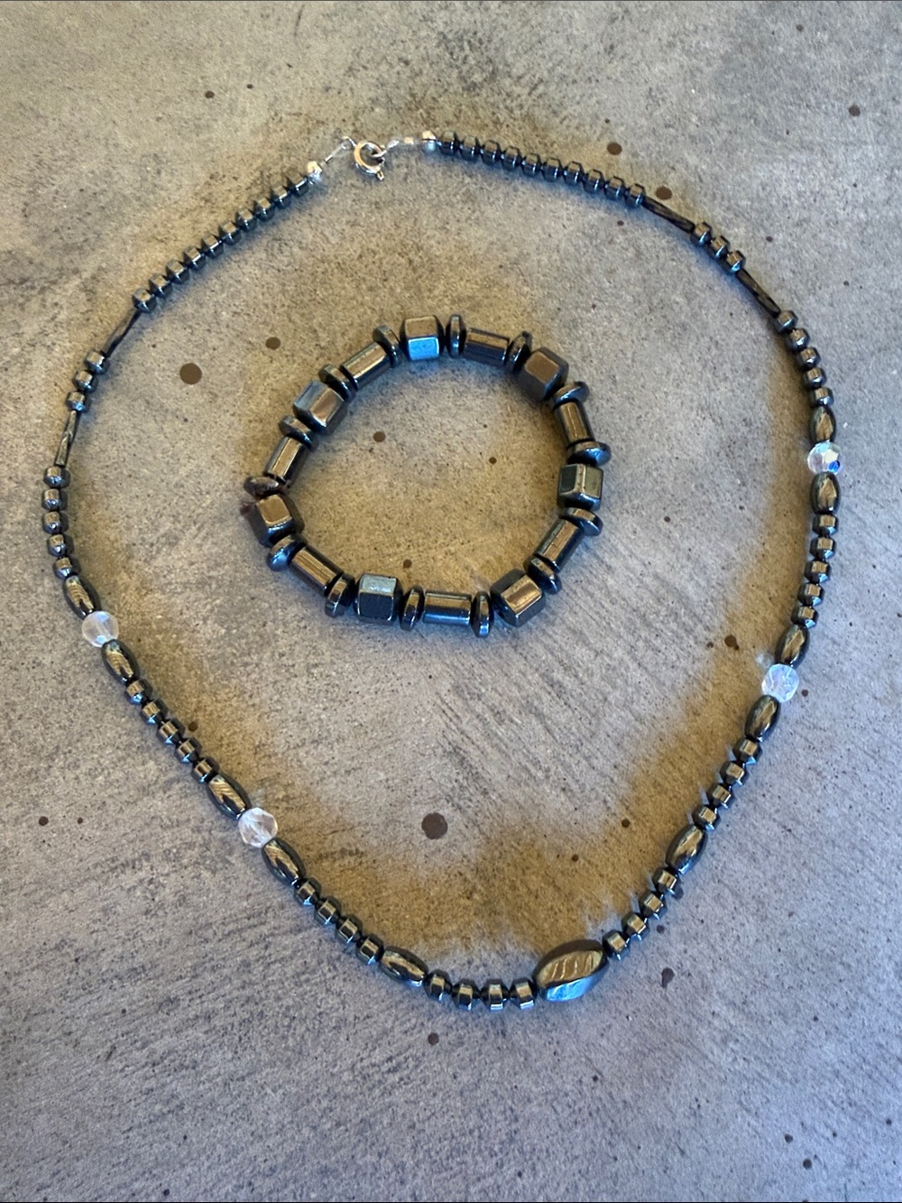 Hematite Beaded Necklace and Bracelet Set - Black Metallic